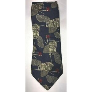 Nautica Navy with Fishing Gear Net Reel Tackle‎ Themed Silk Neck Tie 58" long